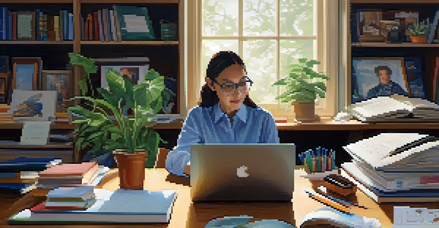 A teacher preparing lesson plans at a desk filled with educational materials, creating a warm and inviting atmosphere.
