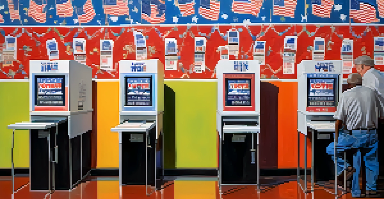 A modern voting booth in Louisiana with diverse voters using electronic machines, set against colorful campaign banners.