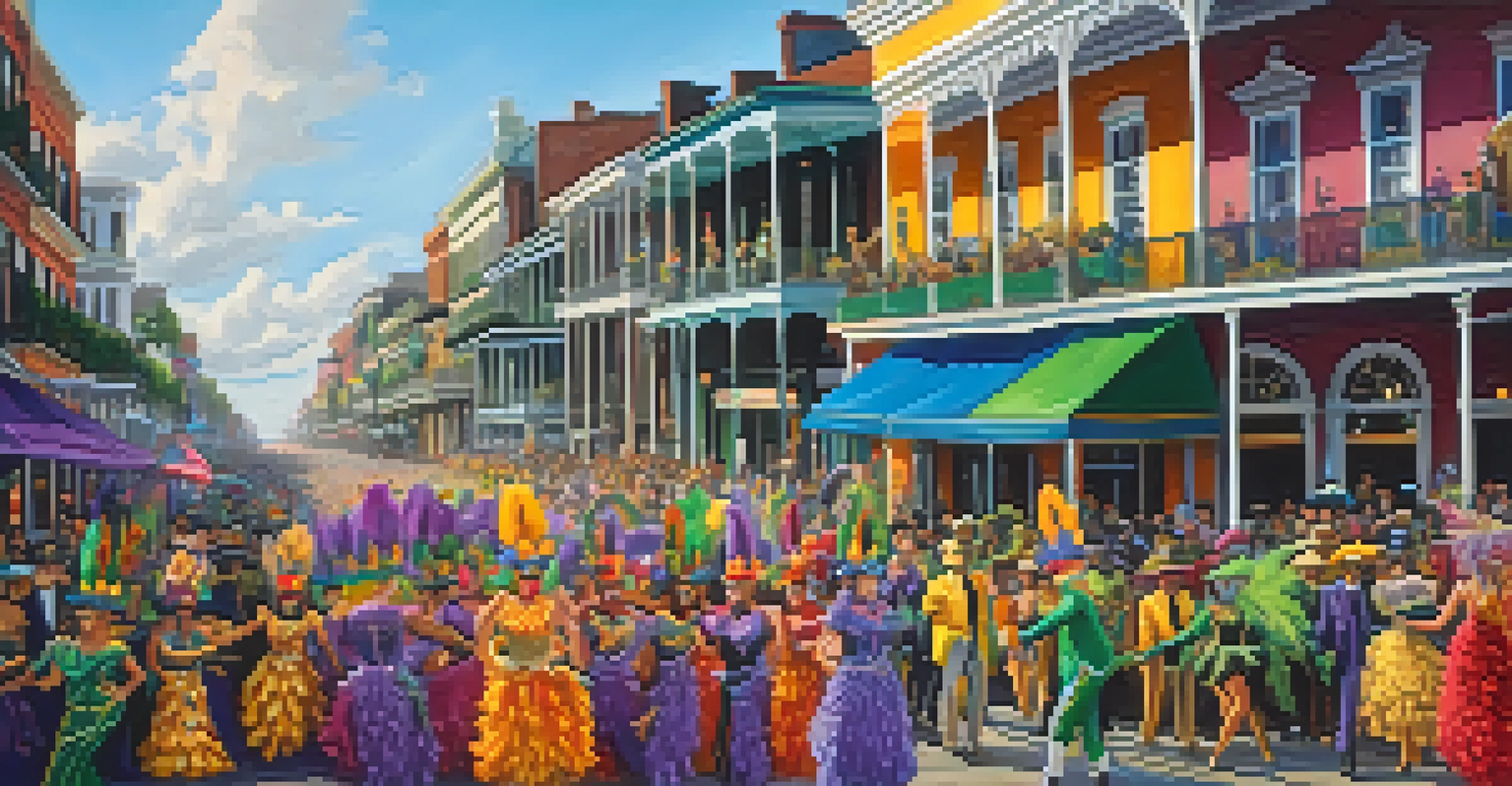 A festive Mardi Gras parade showcasing colorful costumes, floats, and the historic architecture of the French Quarter in Louisiana.