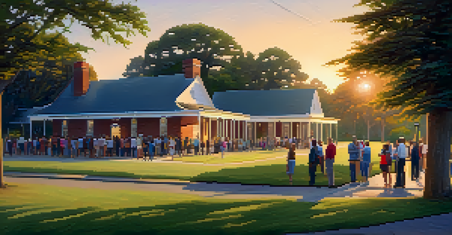 A peaceful polling place in Louisiana with a line of diverse voters waiting to cast their ballots, surrounded by greenery.