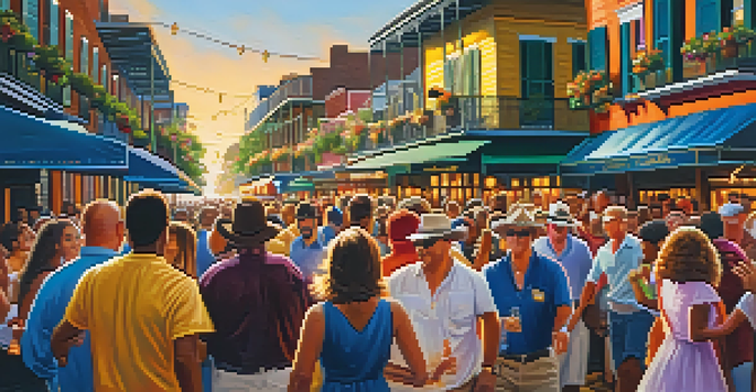 A lively street festival in the French Quarter with crowds dancing, colorful decorations, and street performers, bathed in warm sunset light.