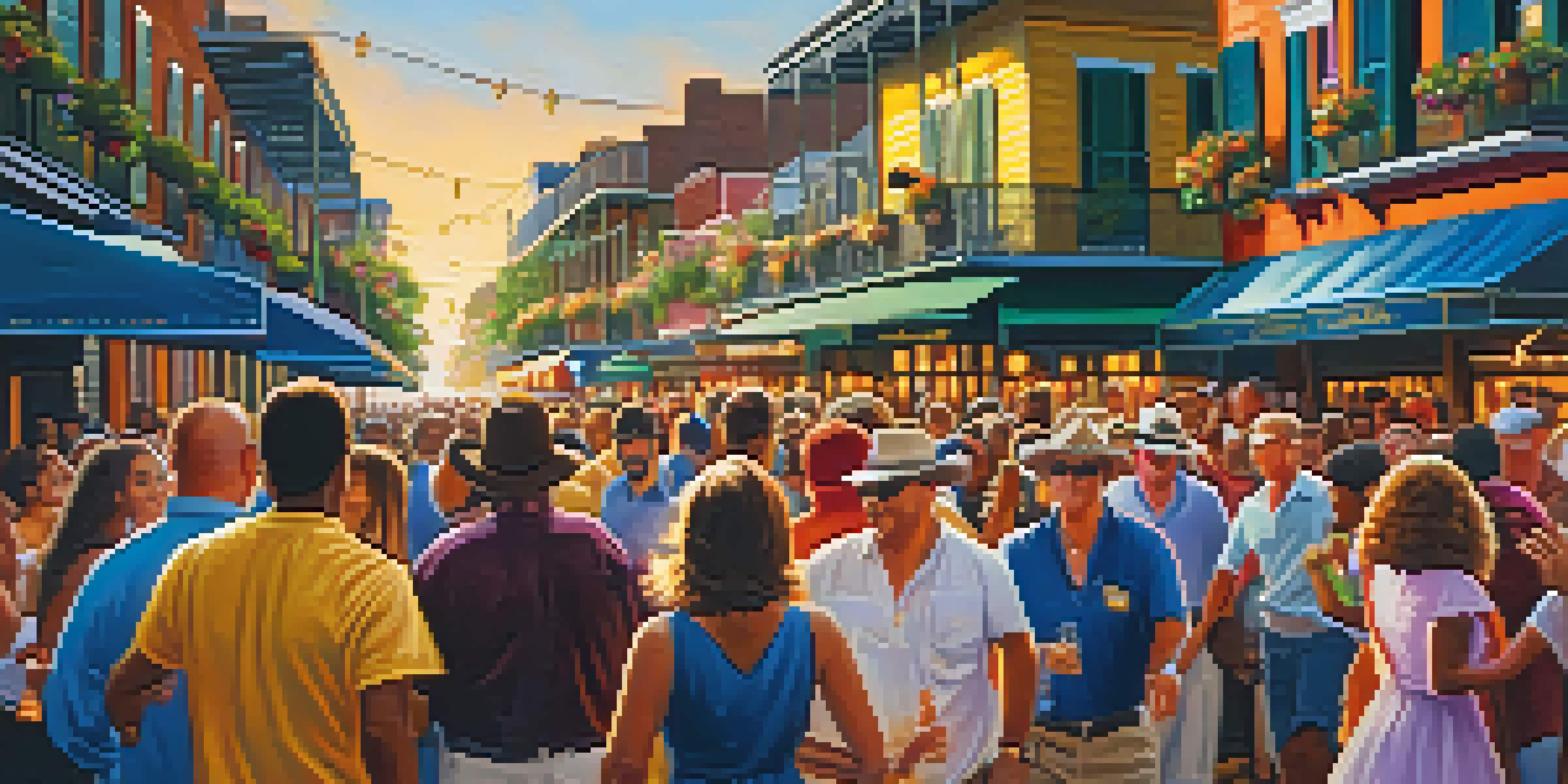 A lively street festival in the French Quarter with crowds dancing, colorful decorations, and street performers, bathed in warm sunset light.