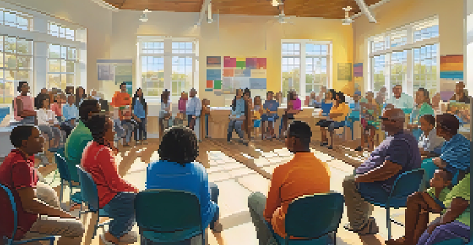 A diverse group of parents and educators in a lively discussion at a town hall meeting in a community center, with sunlight streaming through the windows.