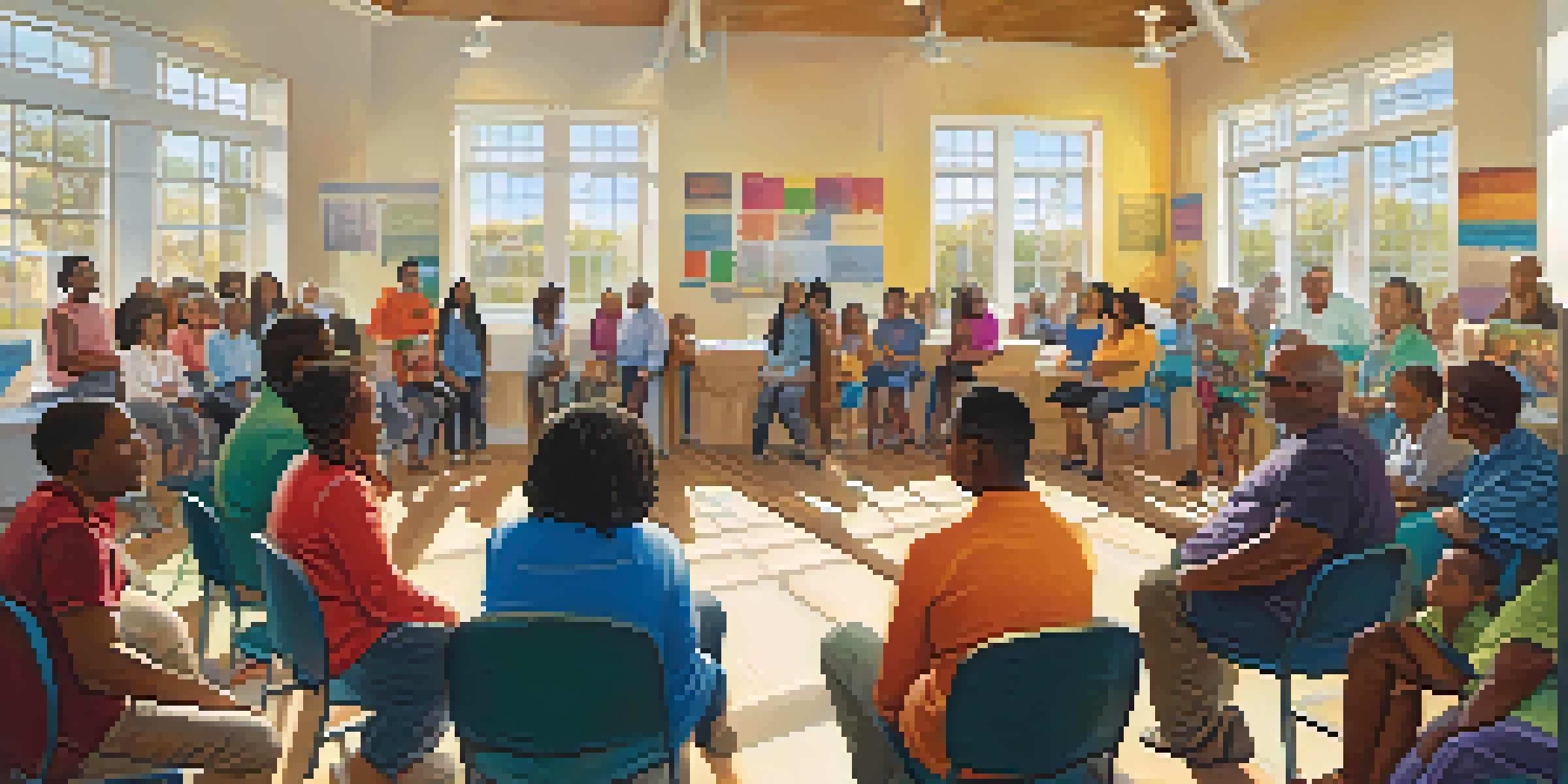A diverse group of parents and educators in a lively discussion at a town hall meeting in a community center, with sunlight streaming through the windows.