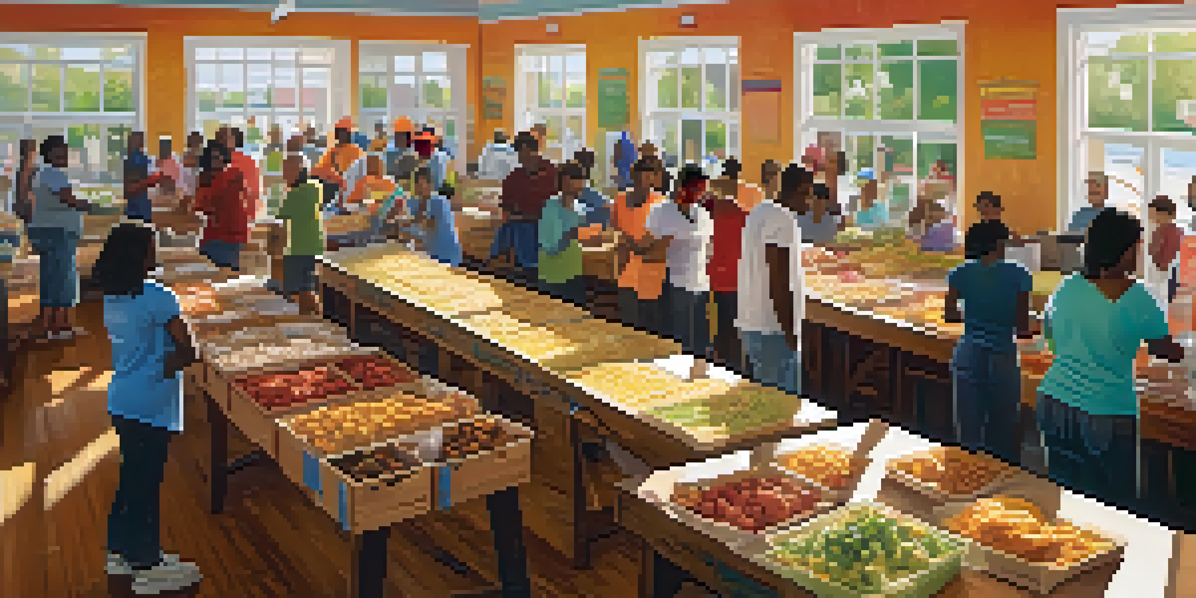 A community center in Louisiana with volunteers providing food and supplies to families after a hurricane, showcasing diversity and collaboration.