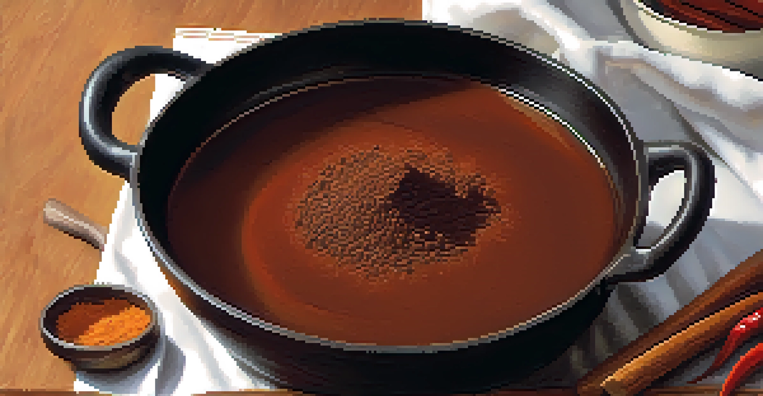 A close-up of dark roux in a cast-iron pot with spices nearby, illuminated by soft kitchen light.