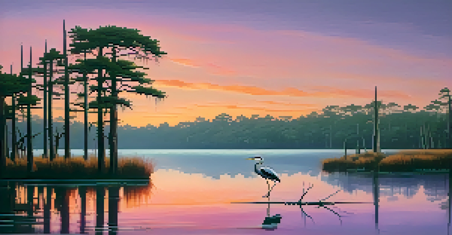 A serene bayou at sunset with cypress trees, reflected in calm waters, and a heron standing at the water's edge.