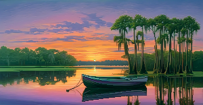 A tranquil bayou scene in Louisiana at sunset, featuring cypress trees and a wooden boat.