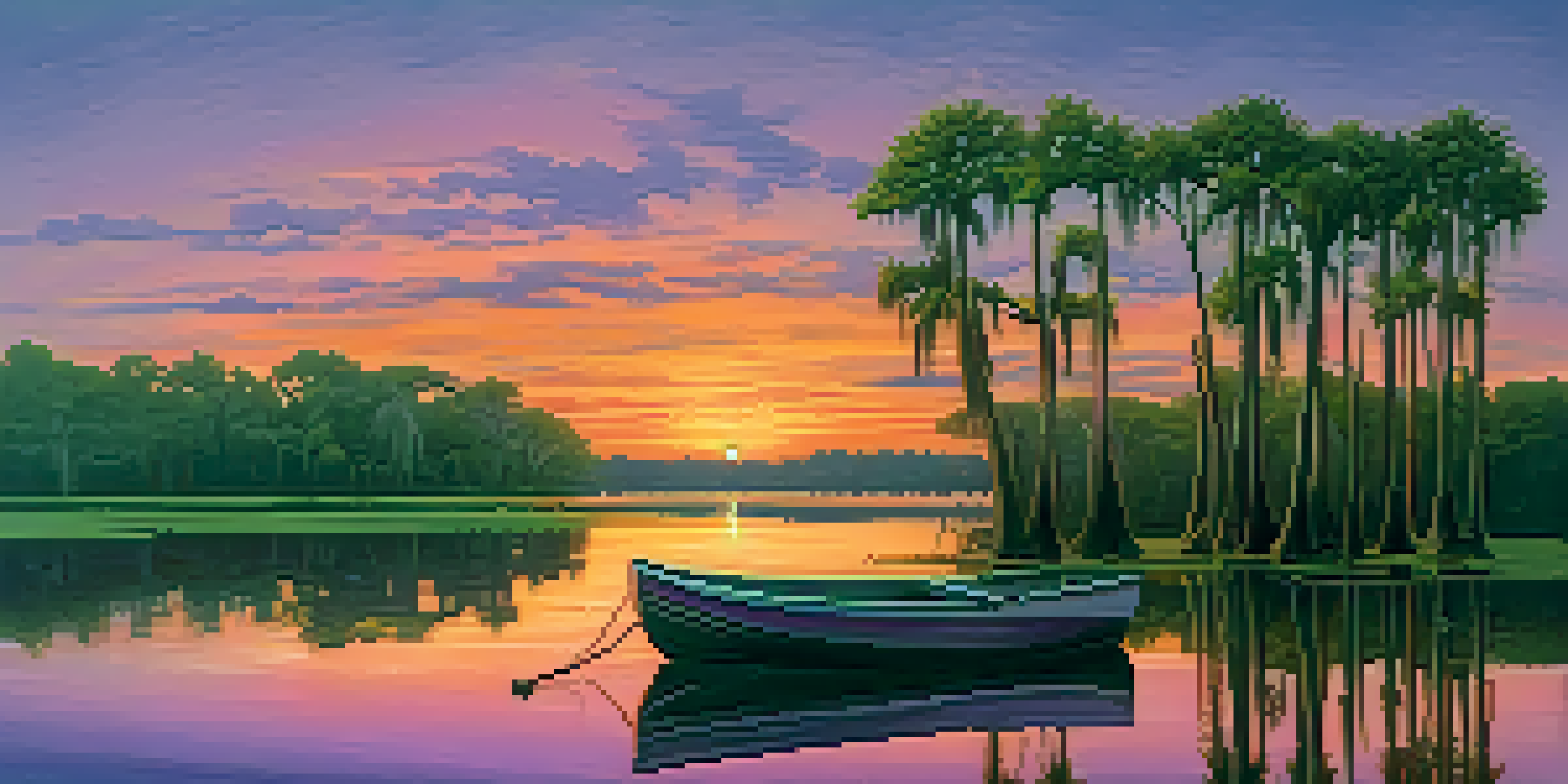 A tranquil bayou scene in Louisiana at sunset, featuring cypress trees and a wooden boat.