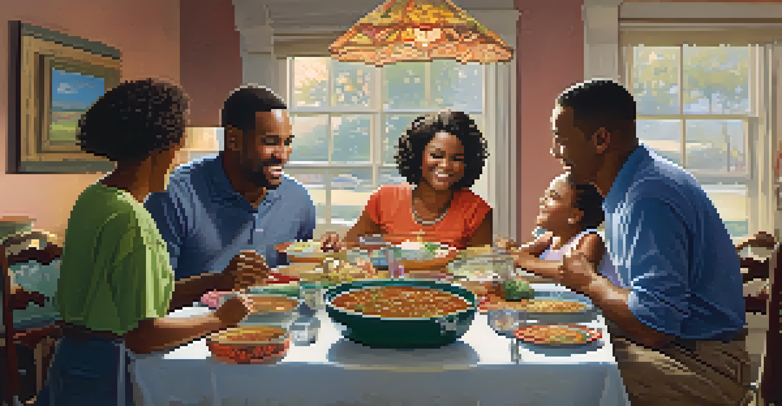 A family gathered around a dining table, smiling and serving gumbo from a large pot in a warmly lit room, showcasing a sense of community.