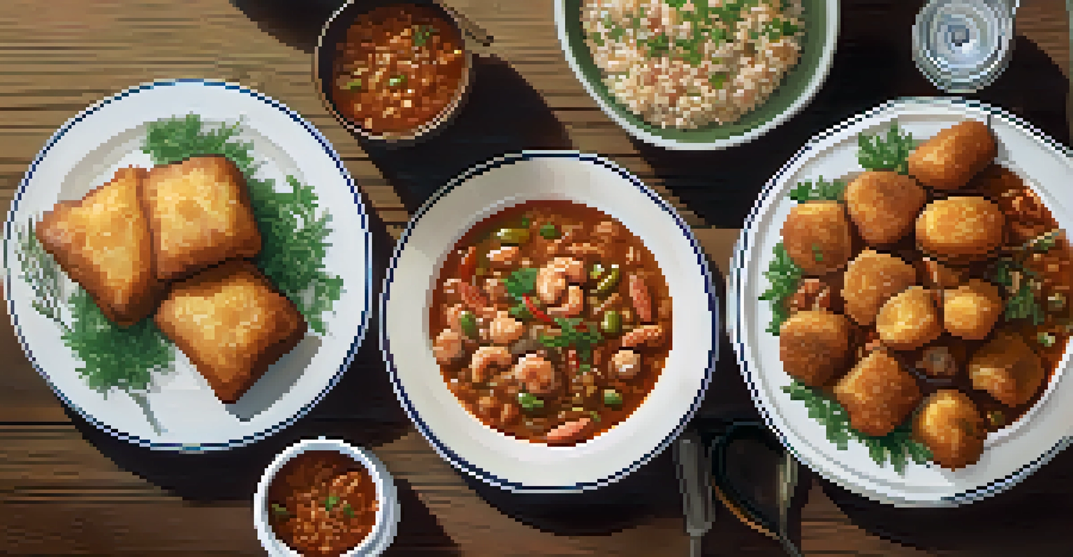 A top-down view of a plate filled with Louisiana dishes like jambalaya, gumbo, and beignets on a rustic table.