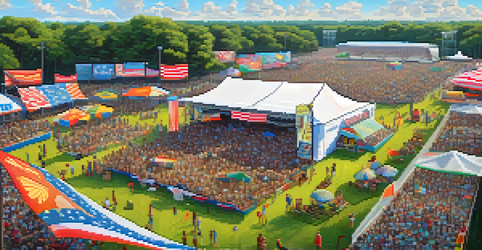 An aerial view of a crowded music festival with a stage, food trucks, and colorful flags in a lush green setting.