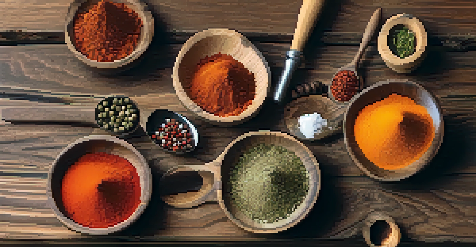 An artistic display of Louisiana spices on a kitchen table, featuring small bowls of spices and fresh herbs in warm lighting.