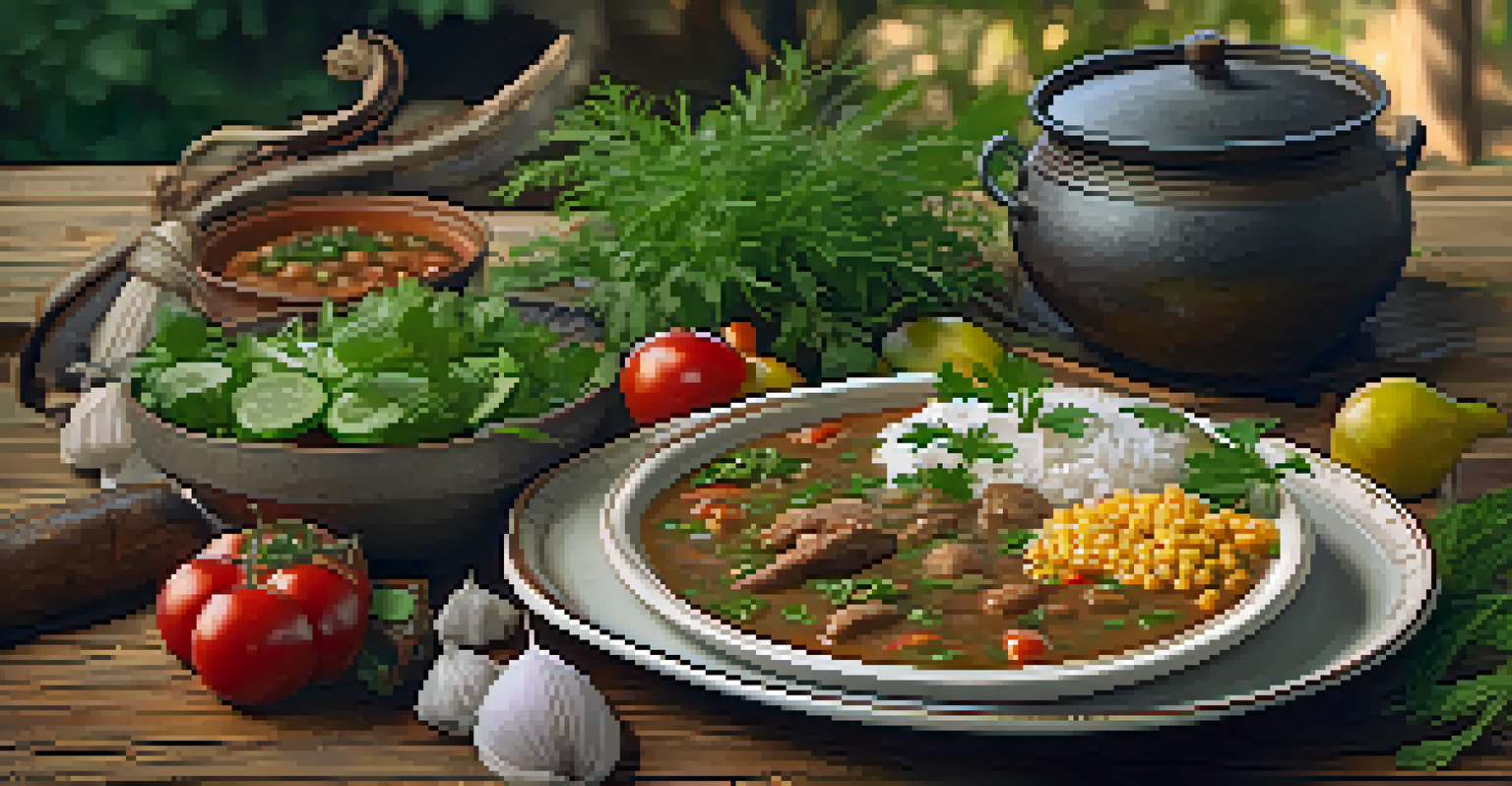 A plate of gumbo made from traditional Louisiana Native American ingredients, garnished with herbs on a wooden table.