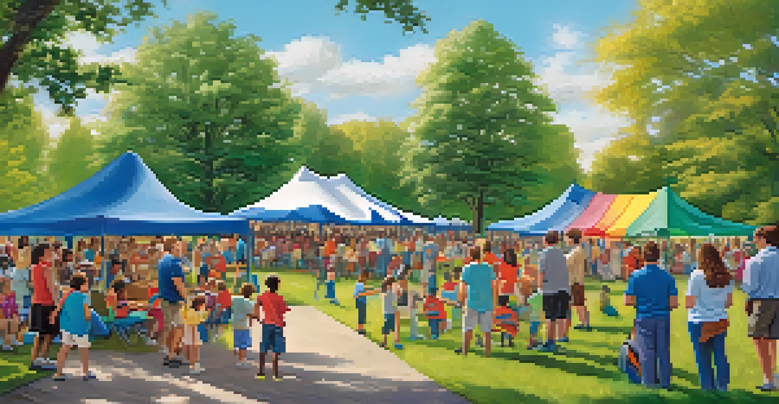 A community event promoting education, with families engaging in activities under a colorful tent surrounded by trees.