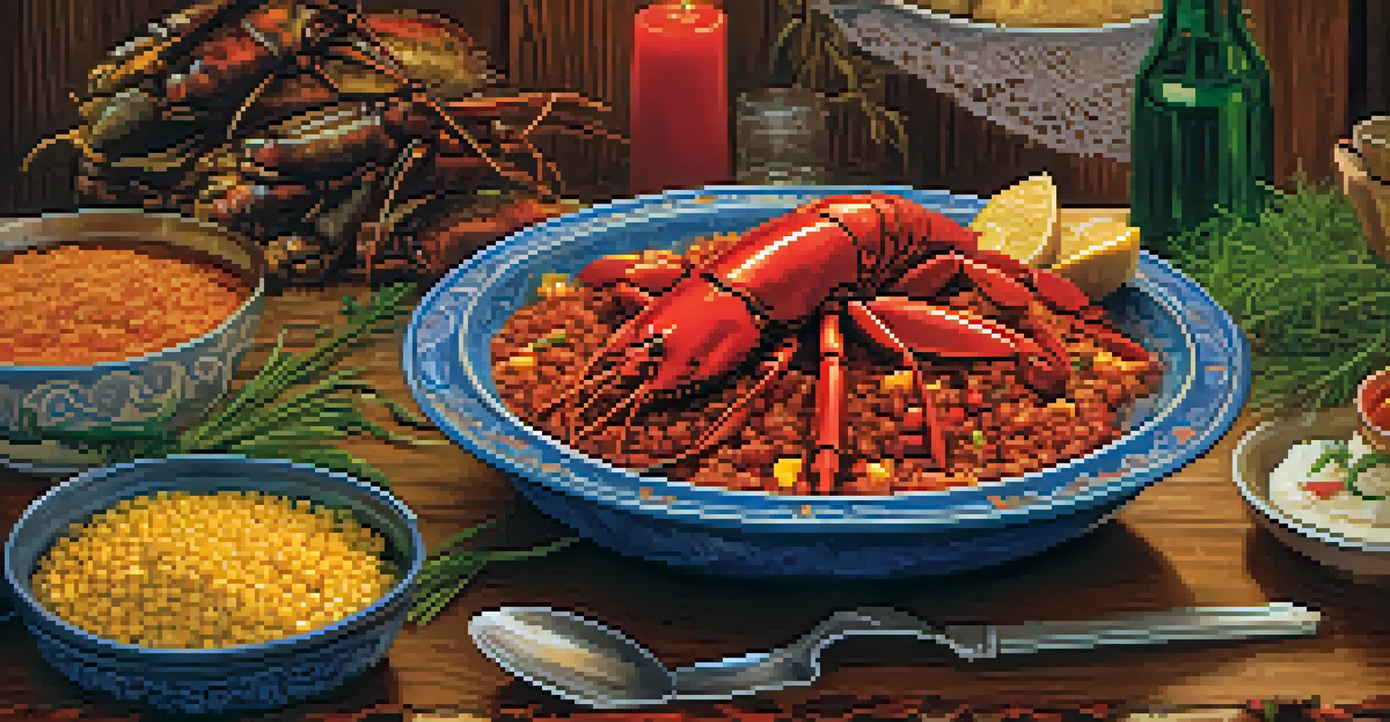 A close-up of a traditional Cajun dish with crawfish and corn, beautifully plated on a rustic wooden table.