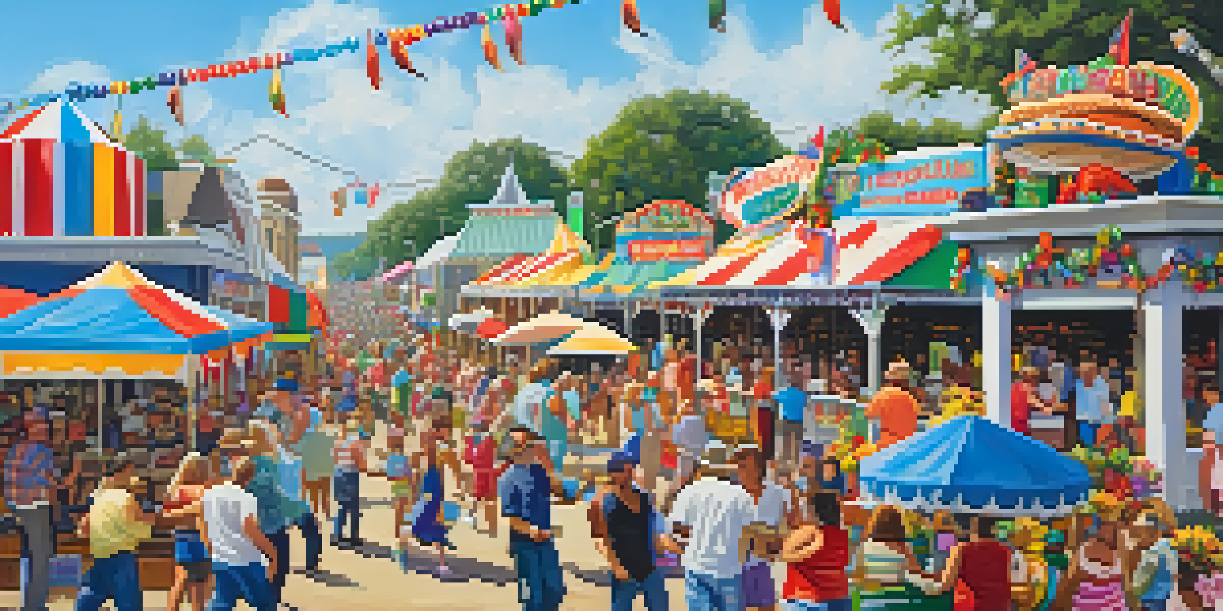 A lively Cajun festival with colorful parade floats, families dancing, food stalls, and a clear blue sky.