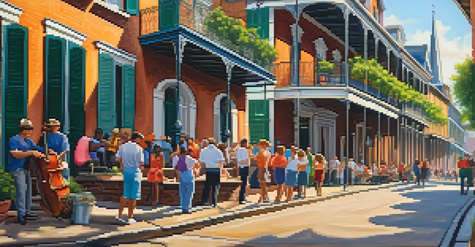 A lively street scene in the French Quarter featuring colorful historic buildings and the St. Louis Cathedral in the background, with street performers playing jazz music.