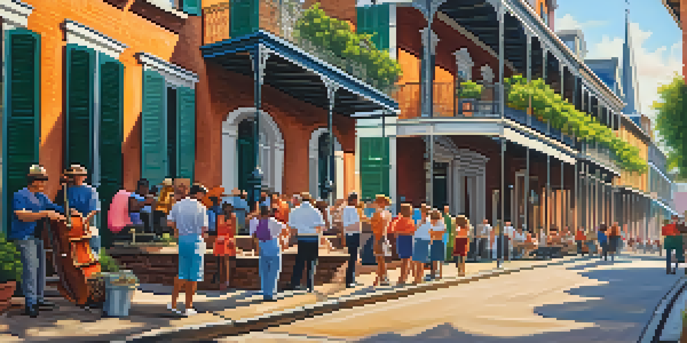 A lively street scene in the French Quarter featuring colorful historic buildings and the St. Louis Cathedral in the background, with street performers playing jazz music.