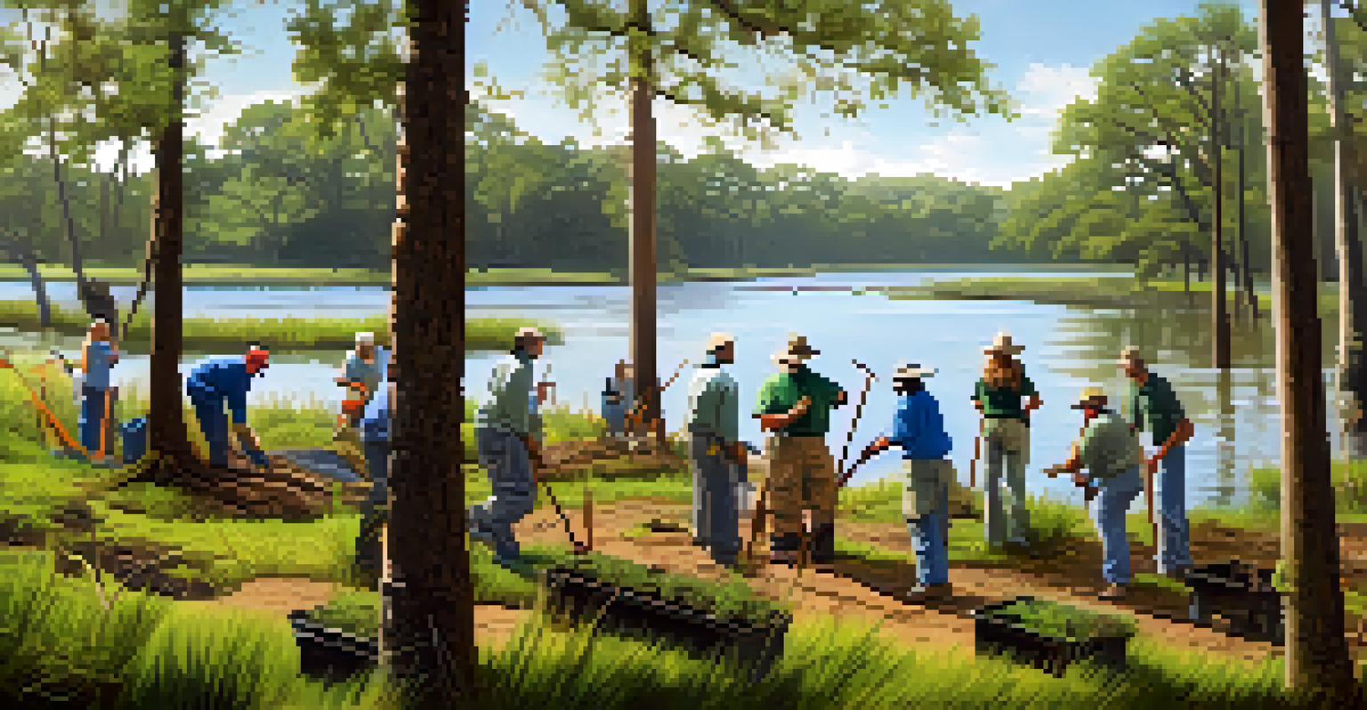 A community volunteer group participating in a habitat restoration project by a riverbank in Louisiana, with cypress trees and a clear sky in the background.