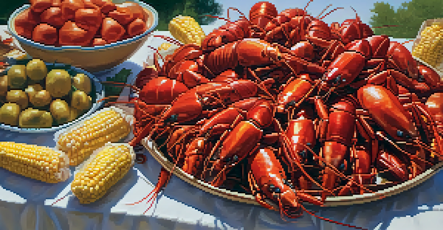 A delicious crawfish boil spread with bright red crawfish, potatoes, and corn on a newspaper-covered table.