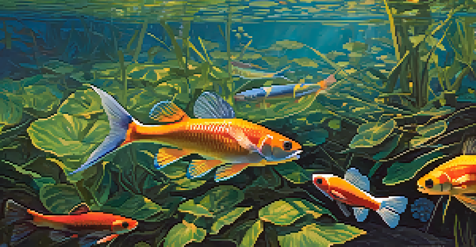 Close-up view of a vibrant Louisiana river filled with fish and aquatic plants, illuminated by sunlight.