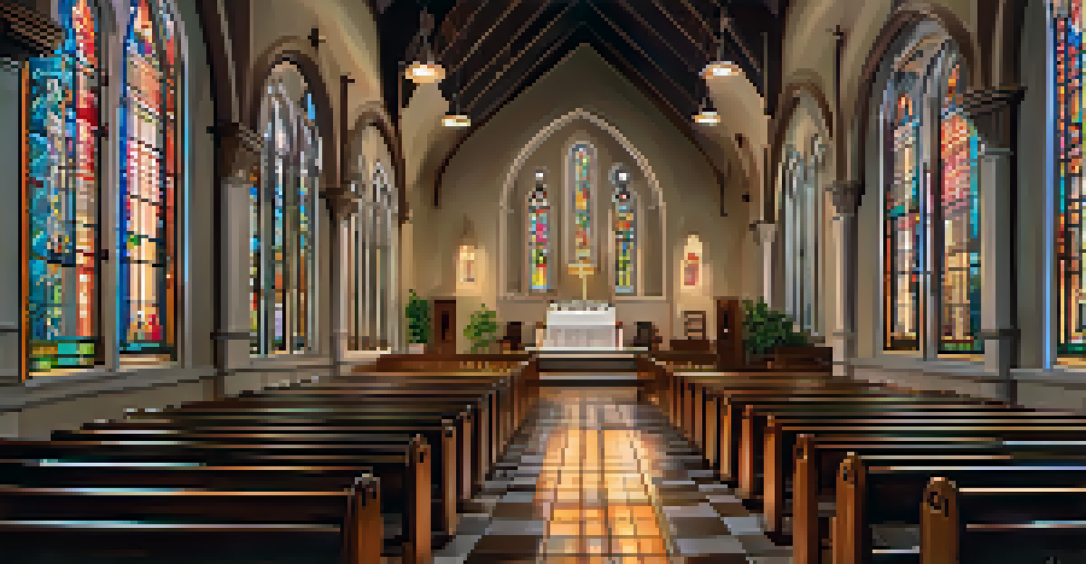 The interior of a historic church in Louisiana with stained glass windows and wooden pews, bathed in colorful light and soft candlelight.
