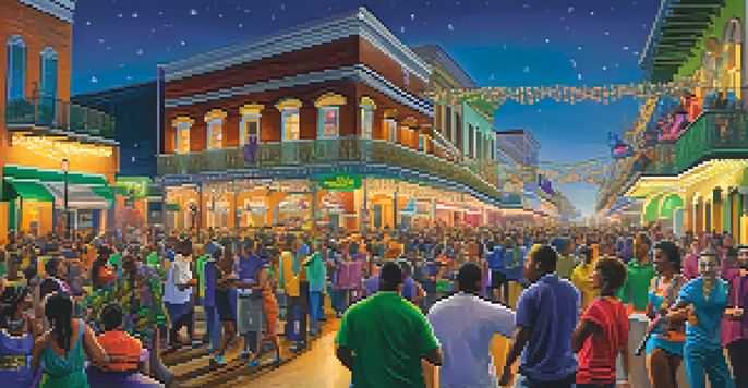 A lively Mardi Gras celebration in Louisiana with colorful floats, festive crowds, and jazz musicians creating a joyful atmosphere.