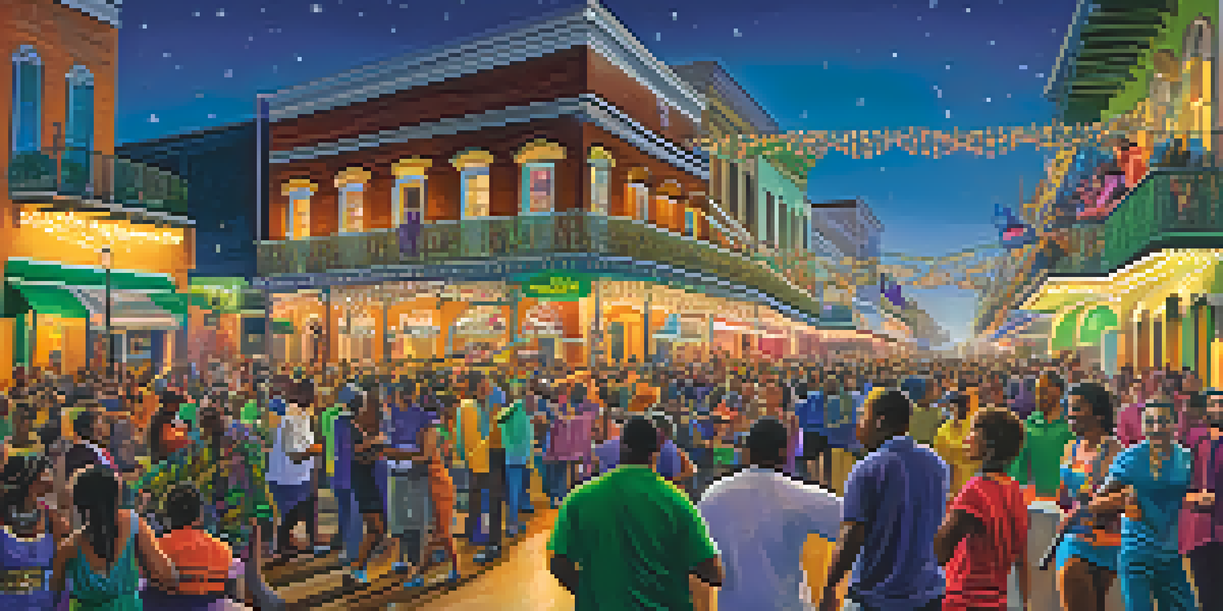 A lively Mardi Gras celebration in Louisiana with colorful floats, festive crowds, and jazz musicians creating a joyful atmosphere.