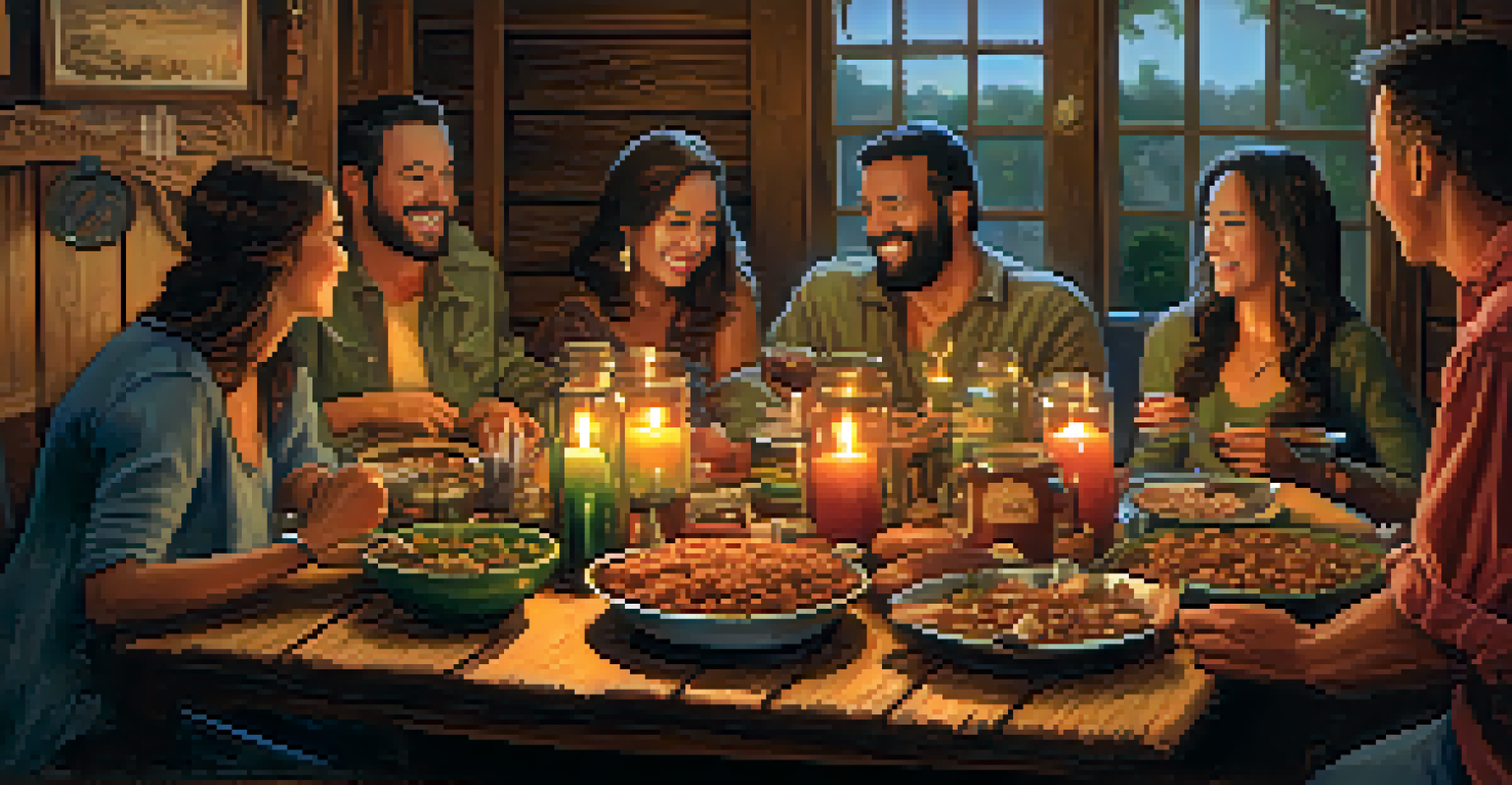 A group of friends enjoying Cajun food at a wooden table, with warm candlelight and a cozy atmosphere.