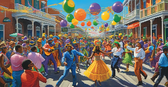A festive Mardi Gras scene with colorful floats, people in vibrant costumes, and decorations in a lively street.