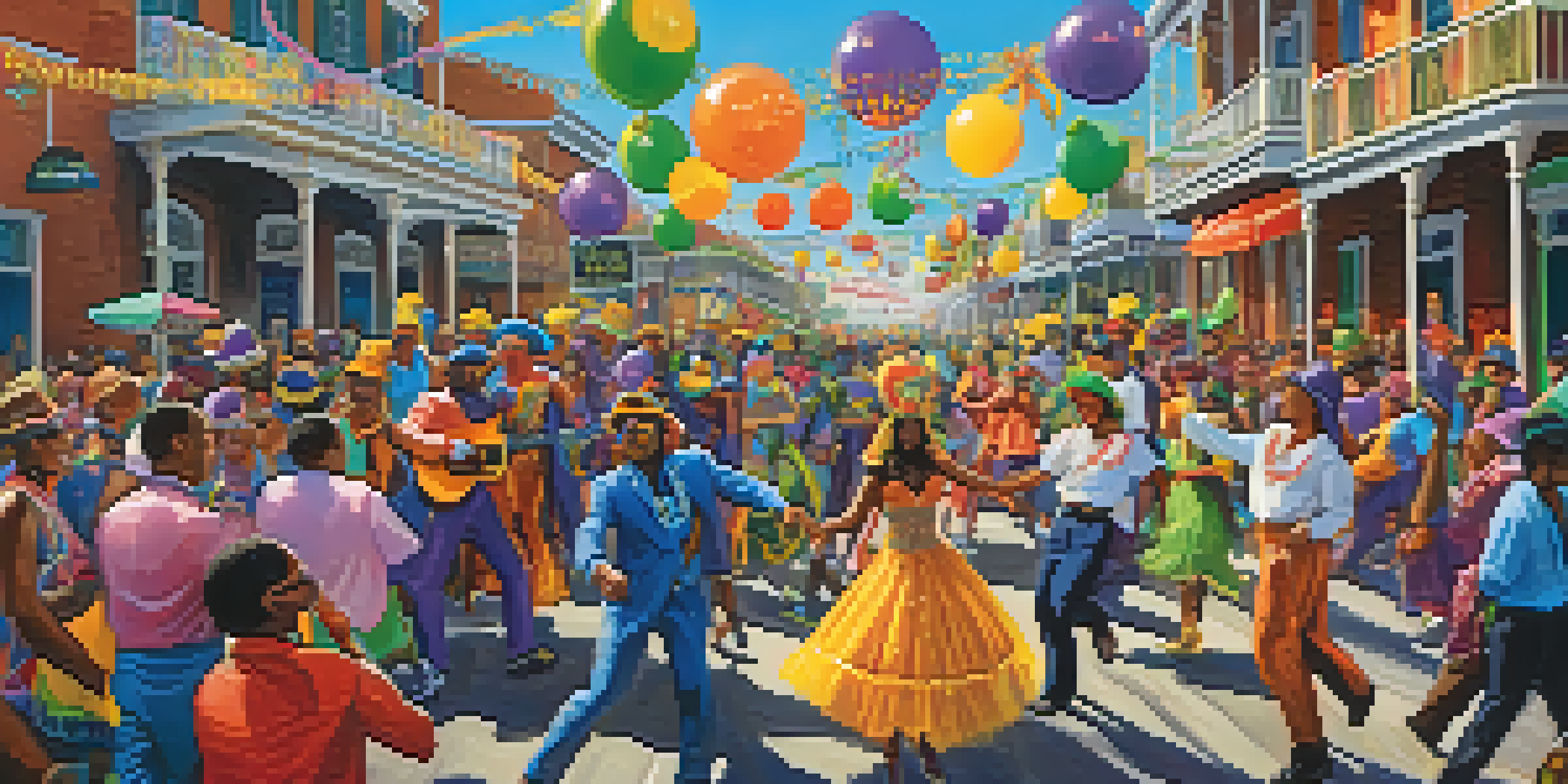 A festive Mardi Gras scene with colorful floats, people in vibrant costumes, and decorations in a lively street.