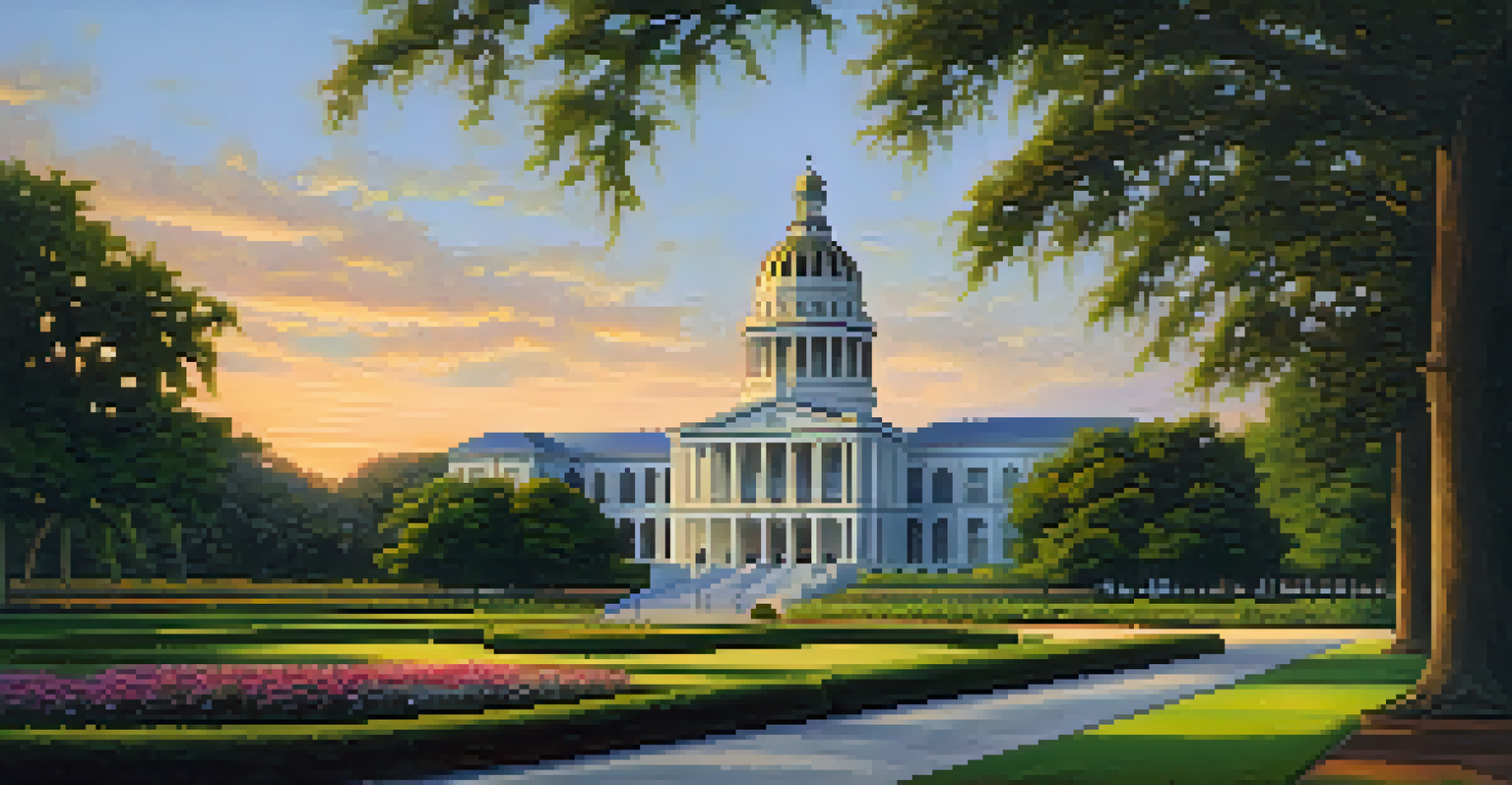 The Louisiana State Capitol in Baton Rouge, surrounded by beautiful gardens during sunset.