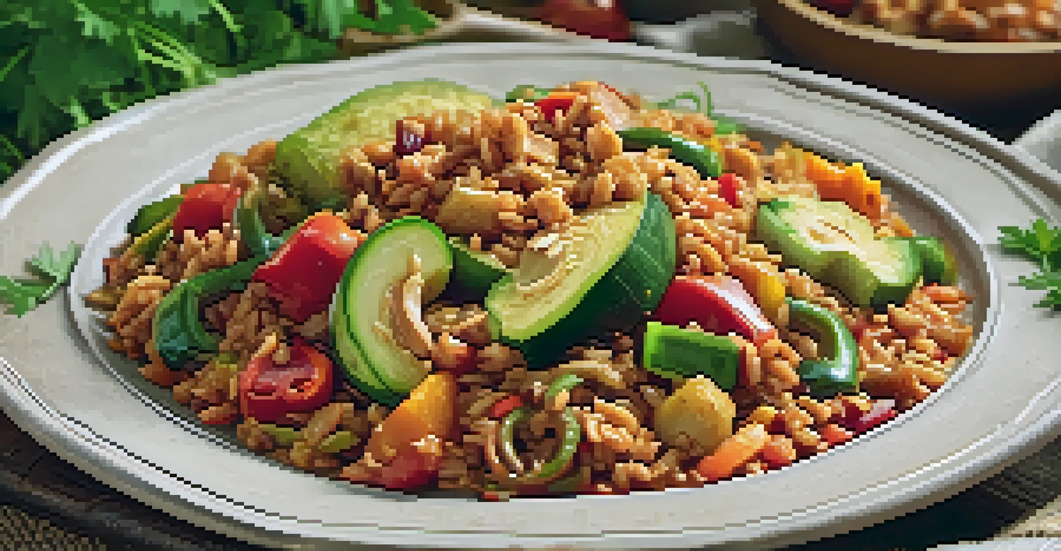 A close-up of a plated vegetarian jambalaya with zucchini and bell peppers, garnished with parsley on a rustic plate.