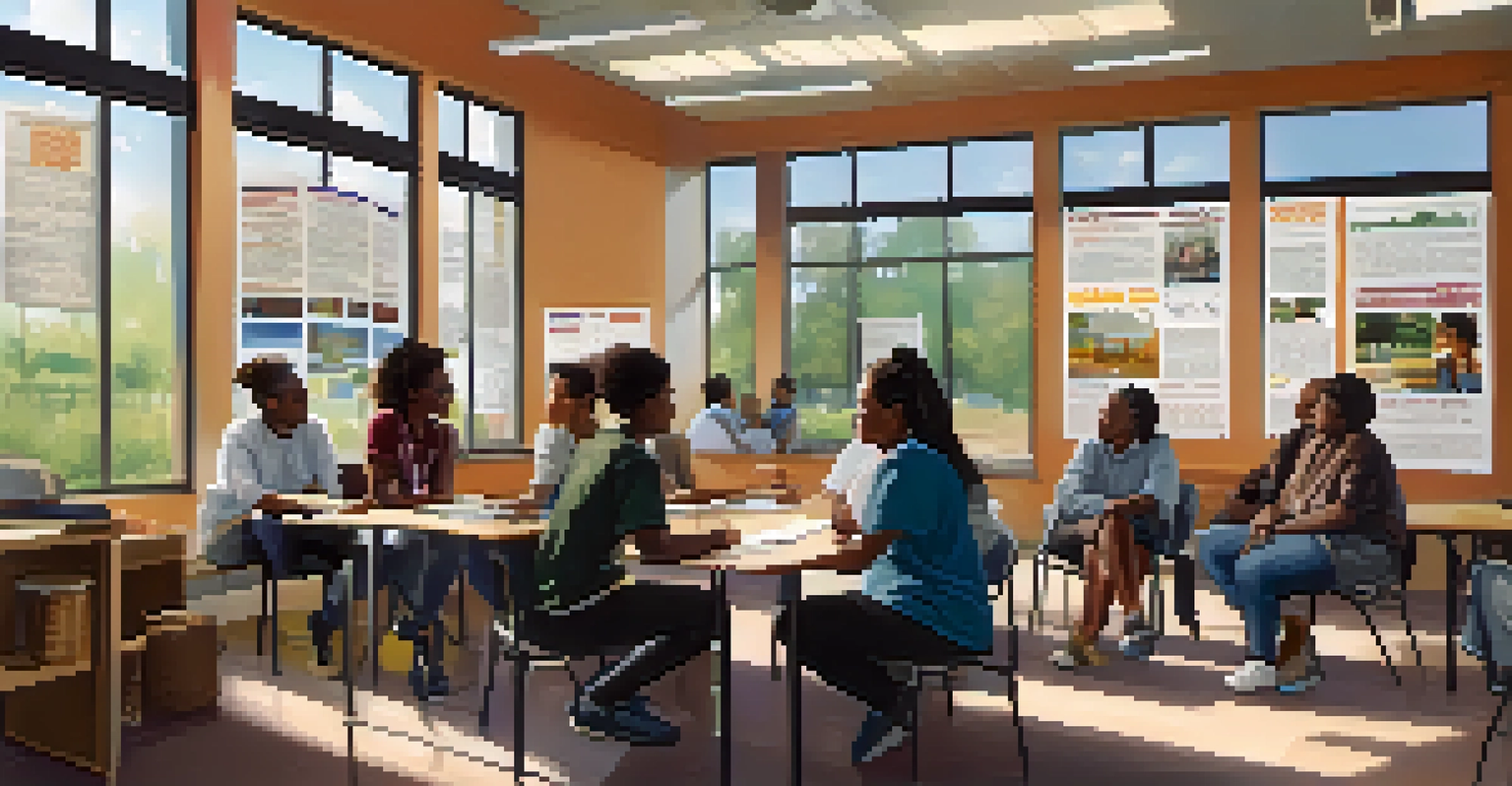 Students collaborating with community leaders on public health initiatives in a community center, with sunlight streaming through the windows.