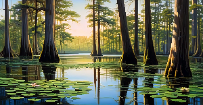 A tranquil Louisiana swamp with cypress trees, water lilies, and sunlight filtering through the leaves.