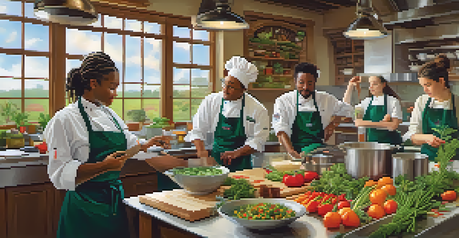 A chef teaching a culinary class in a warm kitchen, with students learning to cook Louisiana cuisine.