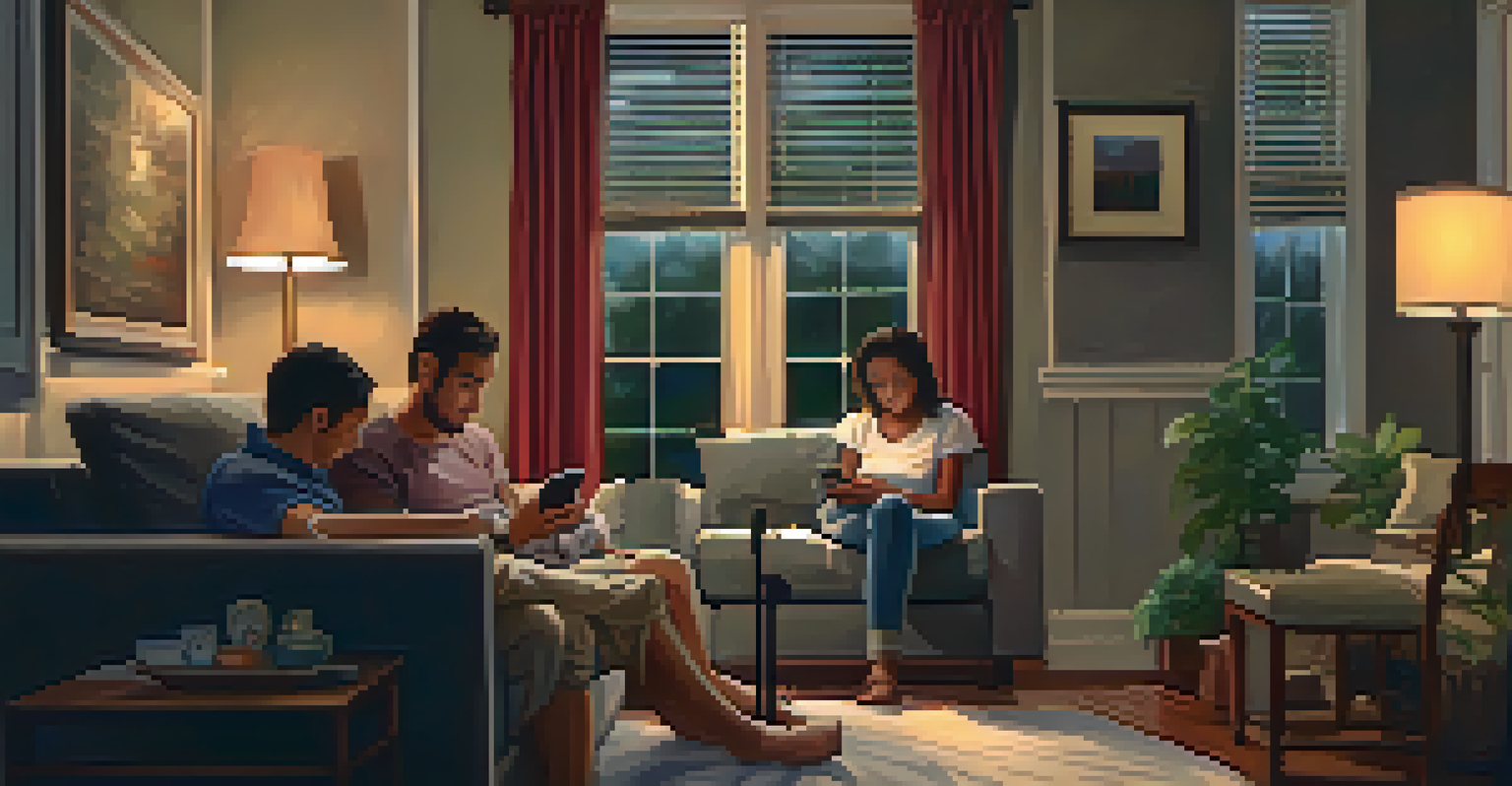 A family in Louisiana checking a weather app on a smartphone in a cozy living room during a hurricane alert, with stormy weather visible outside.