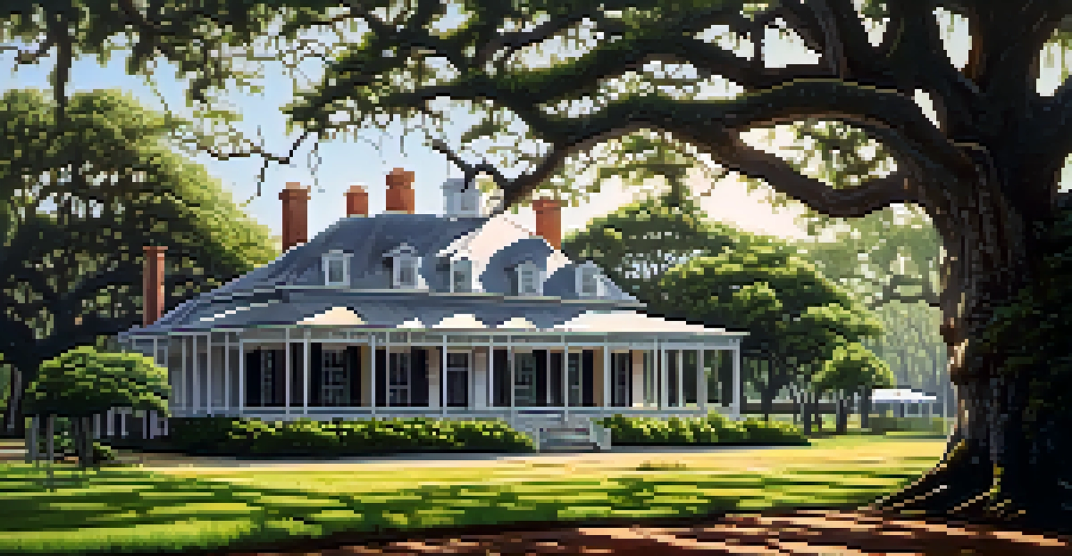 The Whitney Plantation with historic buildings and lush greenery, bathed in soft sunlight, providing a serene atmosphere for reflection.