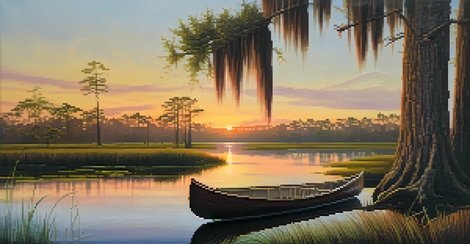 A peaceful Louisiana swamp during sunset with cypress trees covered in moss and a canoe floating on the water.