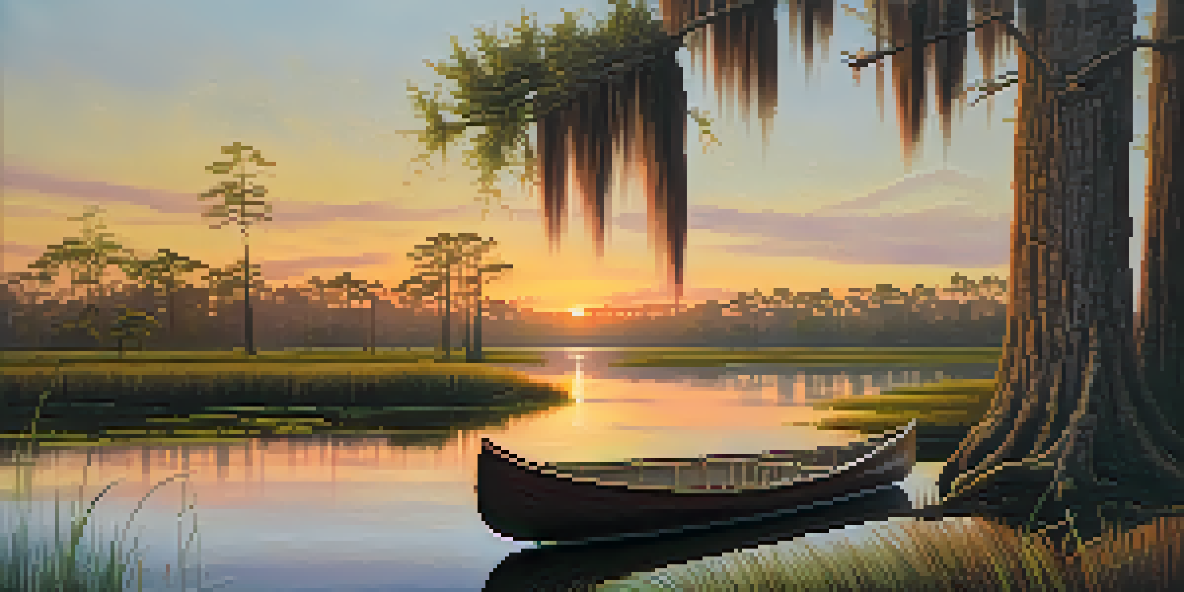 A peaceful Louisiana swamp during sunset with cypress trees covered in moss and a canoe floating on the water.