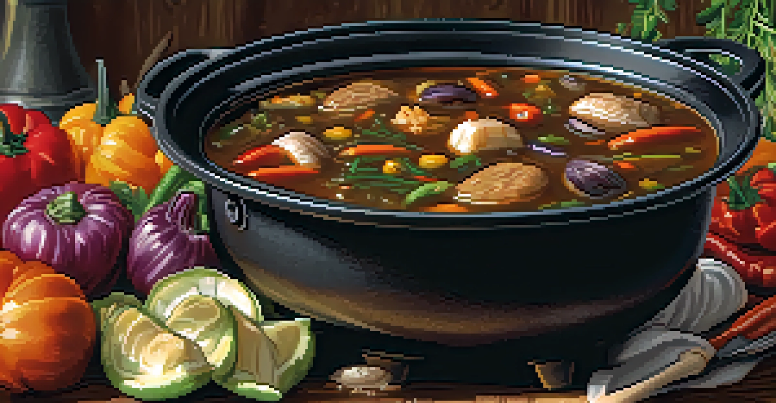 A close-up of a simmering gumbo in a cast-iron pot, highlighting the rich broth, vegetables, and spices, with steam rising in a rustic setting.
