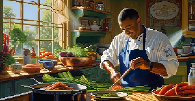 A chef in a colorful Louisiana kitchen prepares gumbo with fresh ingredients, sunlight illuminating the scene.