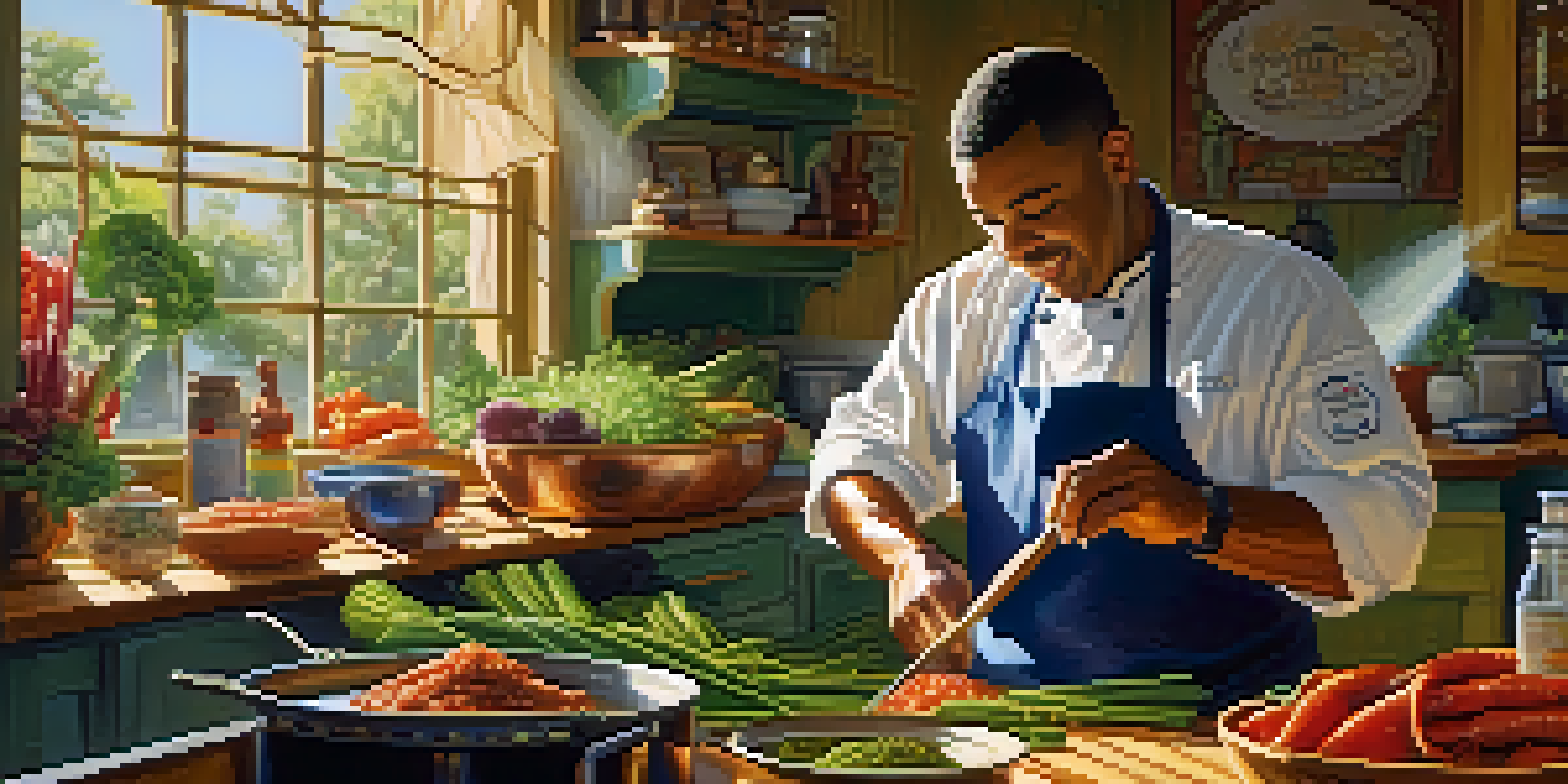 A chef in a colorful Louisiana kitchen prepares gumbo with fresh ingredients, sunlight illuminating the scene.