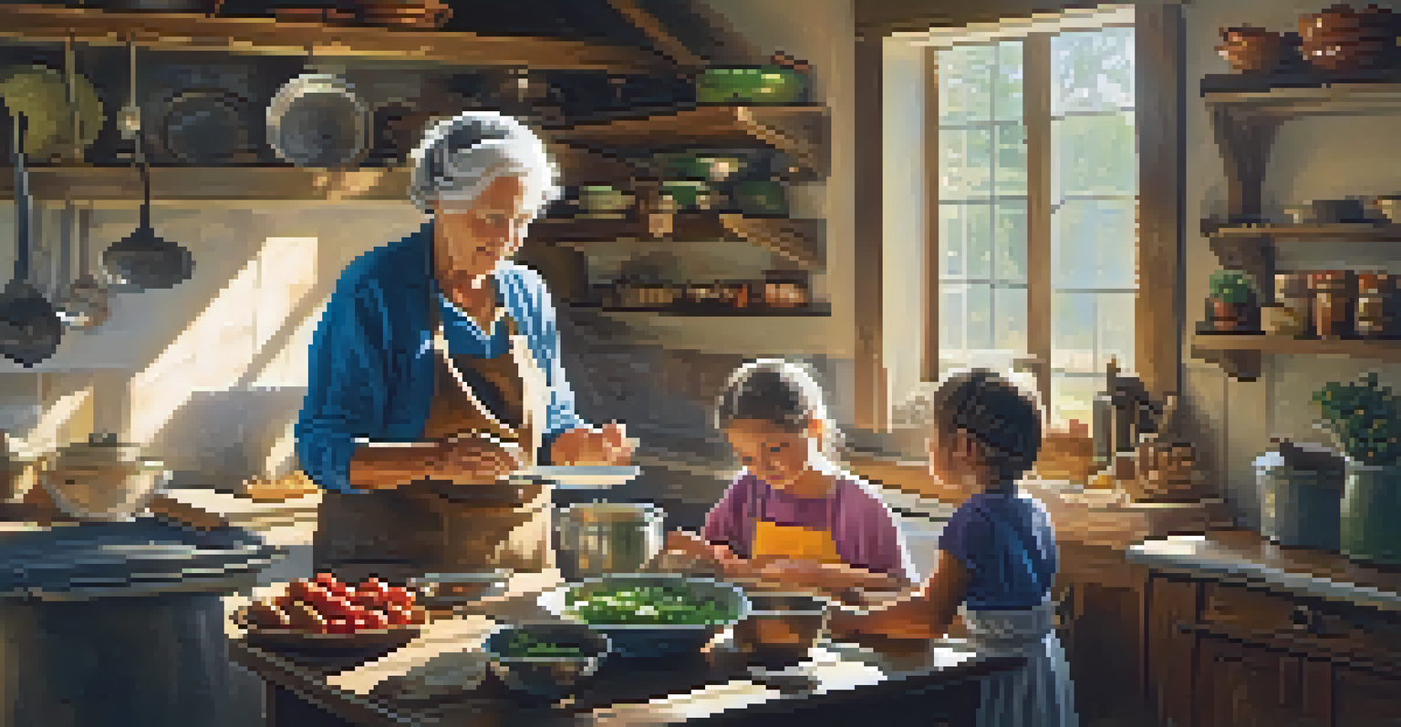 An elderly woman teaching her grandchildren to cook in a rustic kitchen, surrounded by fresh ingredients and sunlight.