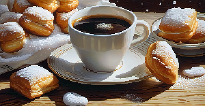 A close-up of freshly made beignets covered in powdered sugar next to a cup of café au lait.