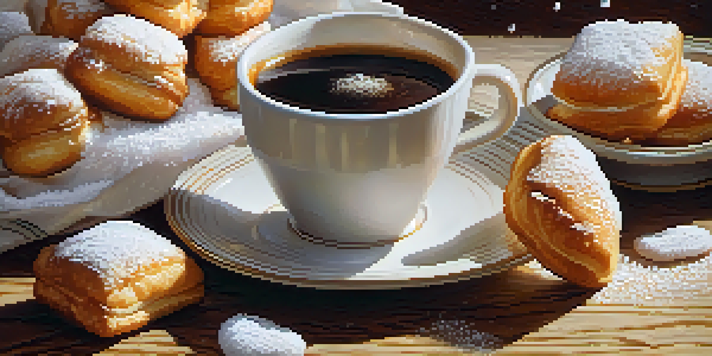 A close-up of freshly made beignets covered in powdered sugar next to a cup of café au lait.