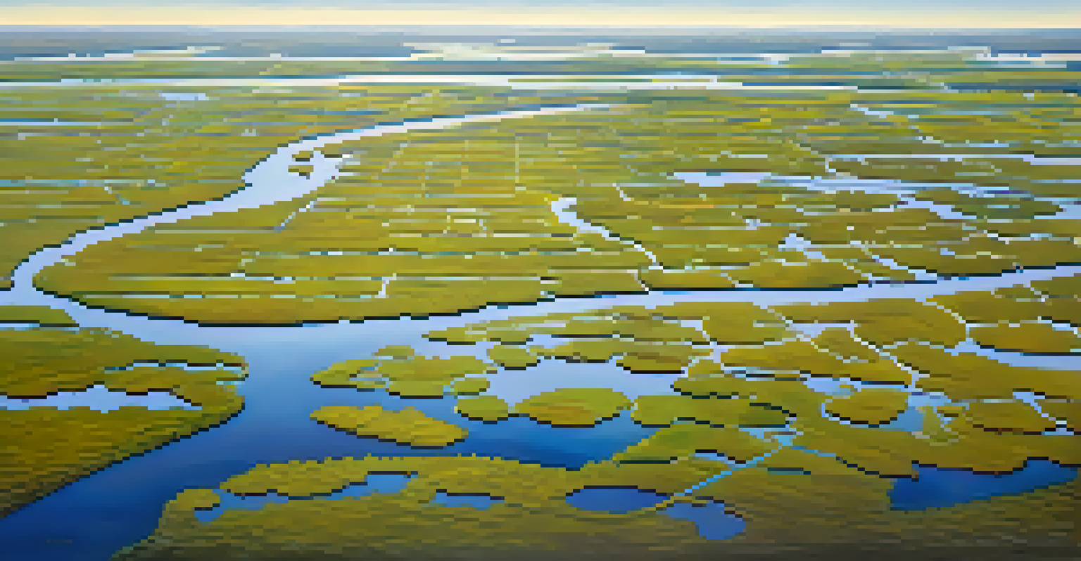 An aerial view of Louisiana's wetlands with waterways, green vegetation, and flying migratory birds.