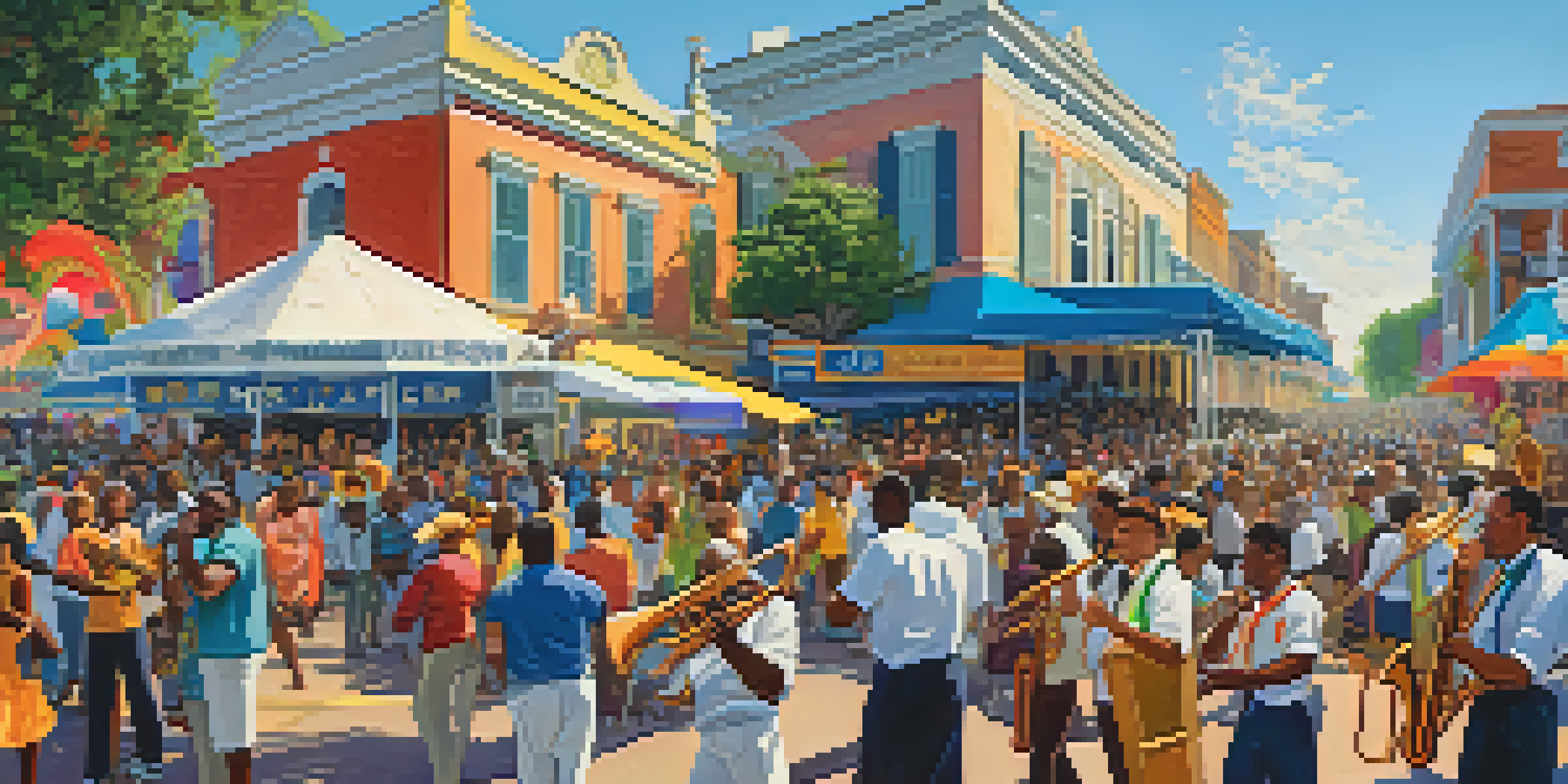 A vibrant outdoor jazz festival in New Orleans, featuring musicians playing instruments on stage and a colorful crowd enjoying the event.