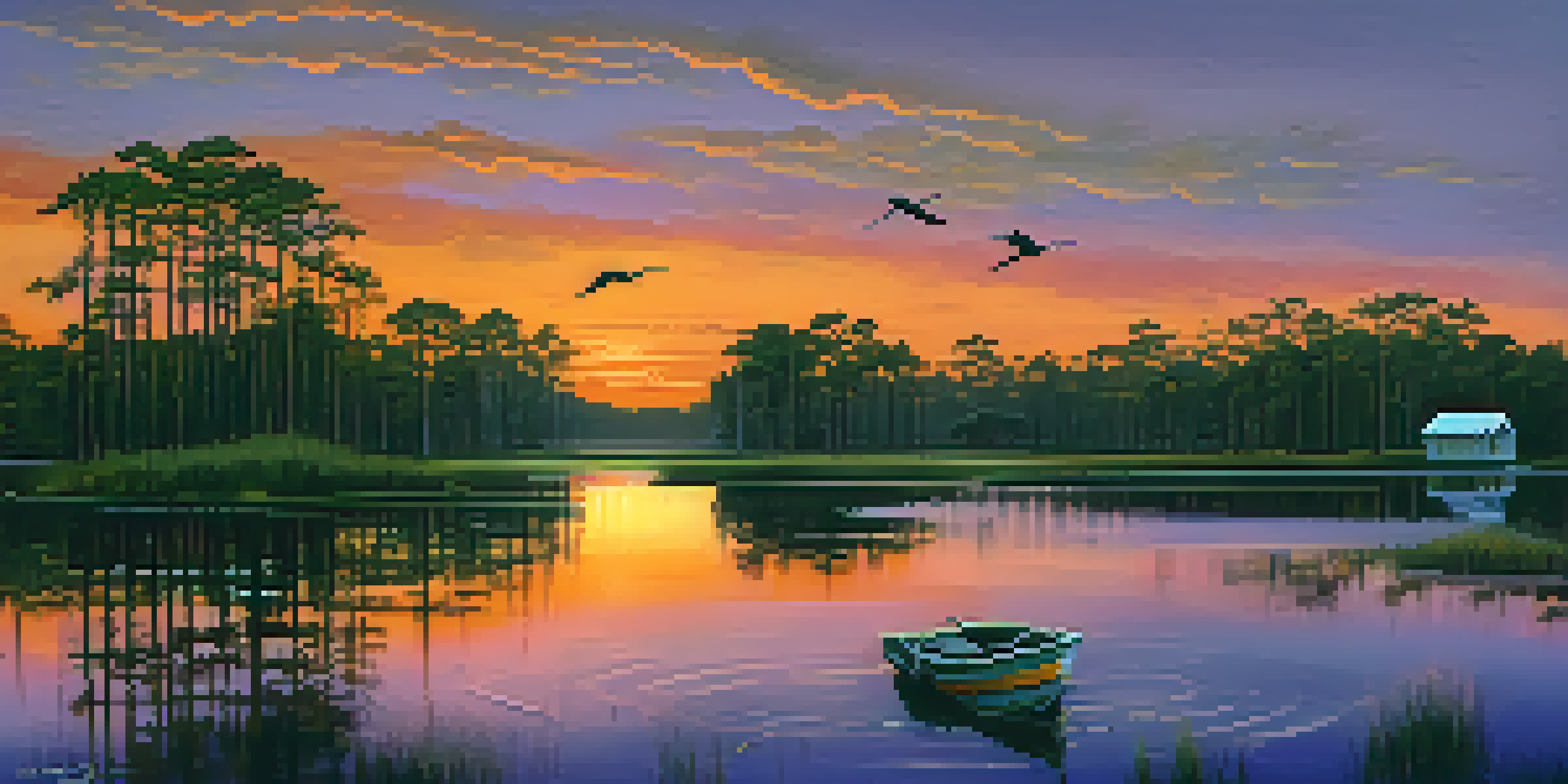A peaceful bayou scene in Louisiana after a hurricane, with a sunset, flooded landscape, and a fishing boat.
